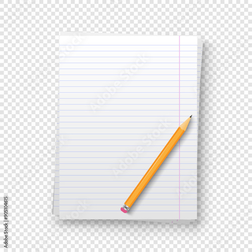 Vector stack of white lined paper sheet. Realistic notebook pages with lines. Clean ruled school notebook pages with shadow and pencil on transparent background.