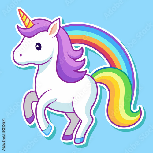 A unicorn stands on its hind hooves against a rainbow backdrop