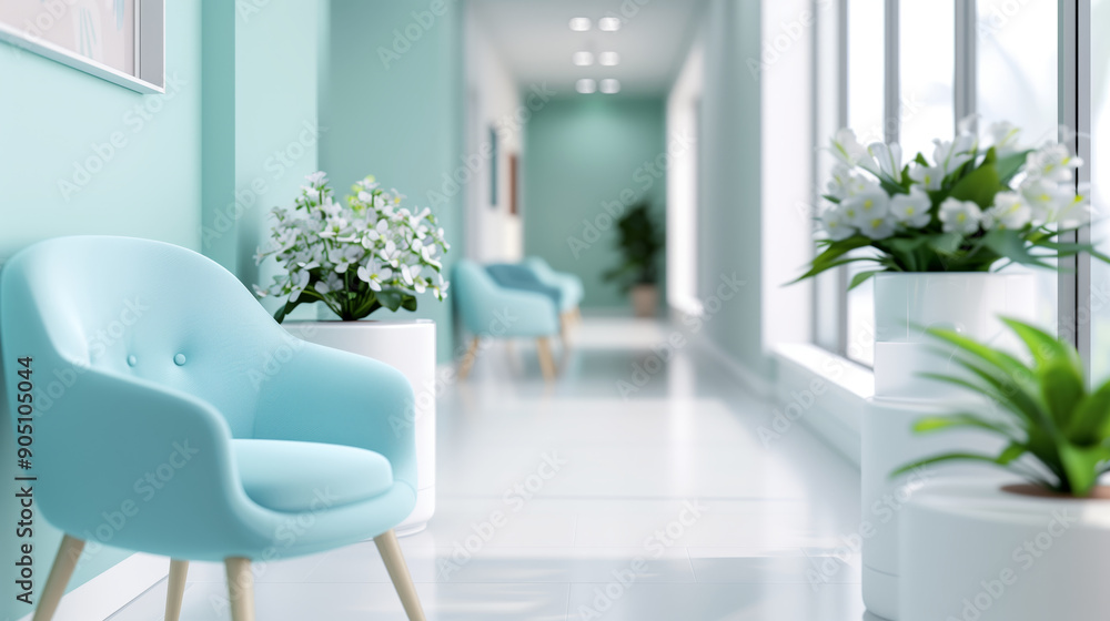 Fototapeta premium Modern hallway with light blue chairs and vibrant greenery, providing a calming atmosphere for relaxation and comfort.