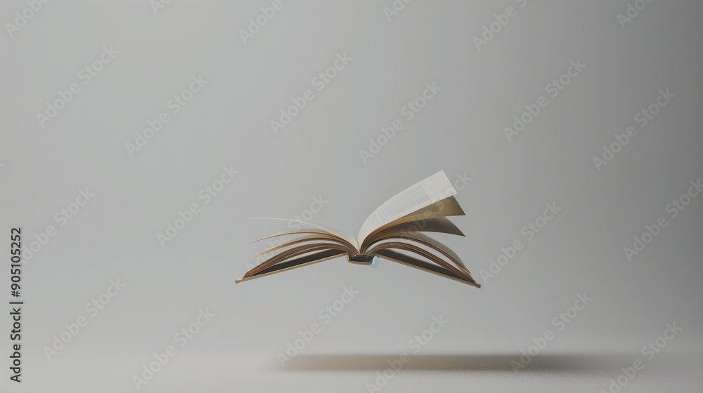 Flying Book with Pages Open in Mid-Air Against a Minimalist Grey Background Flying Book with Pages Open in Mid-Air Against a Minimalist Grey Background