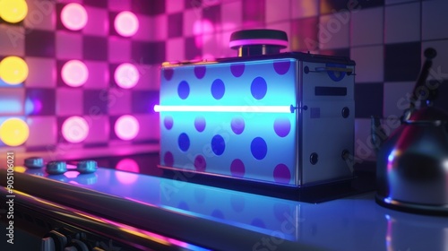 158. Portable Stove, movie style, neon colors, polka dots, over-the-shoulder, high contrast, glowing light,