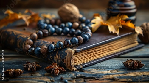 Rustic wooden table adorned with vintage book, rosary beads, cinnamon sticks, and a sprinkle of Christmas cheer photo