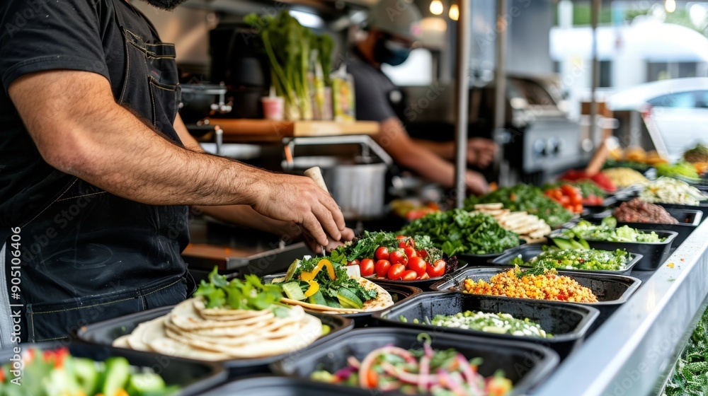 Fresh ingredients and colorful dishes being prepared at an outdoor food stall, showcasing vibrant and healthy options for customers. Fresh ingredients and colorful dishes being prepared at an outdoor food stall, showcasing vibrant and healthy options for customers.