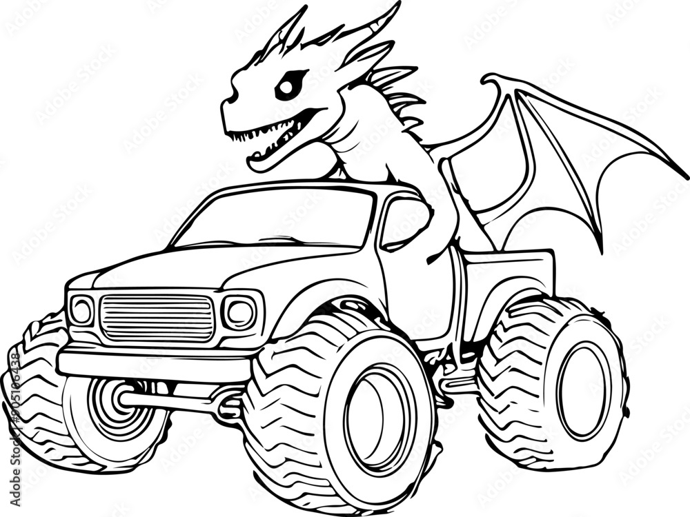 dragon monster truck coloring page black and white Stock Vector | Adobe ...