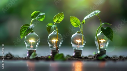 Four light bulbs with green plants growing out of them, symbolizing growth, sustainability and new ideas. photo