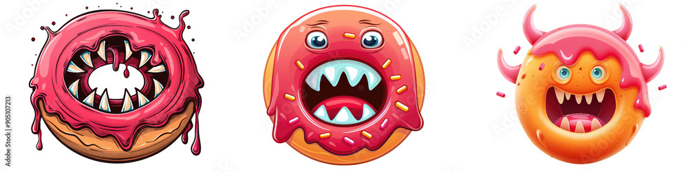 Three donuts with different colors and designs Three donuts with different colors and designs