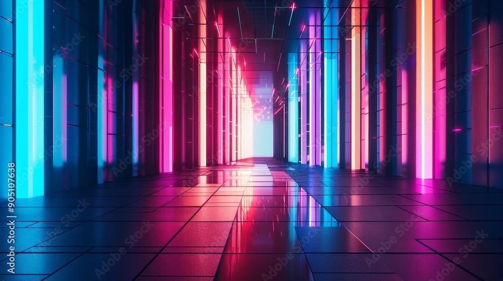 Neon lights illuminate a futuristic corridor with vibrant colors reflecting on the floor. Neon lights illuminate a futuristic corridor with vibrant colors reflecting on the floor.