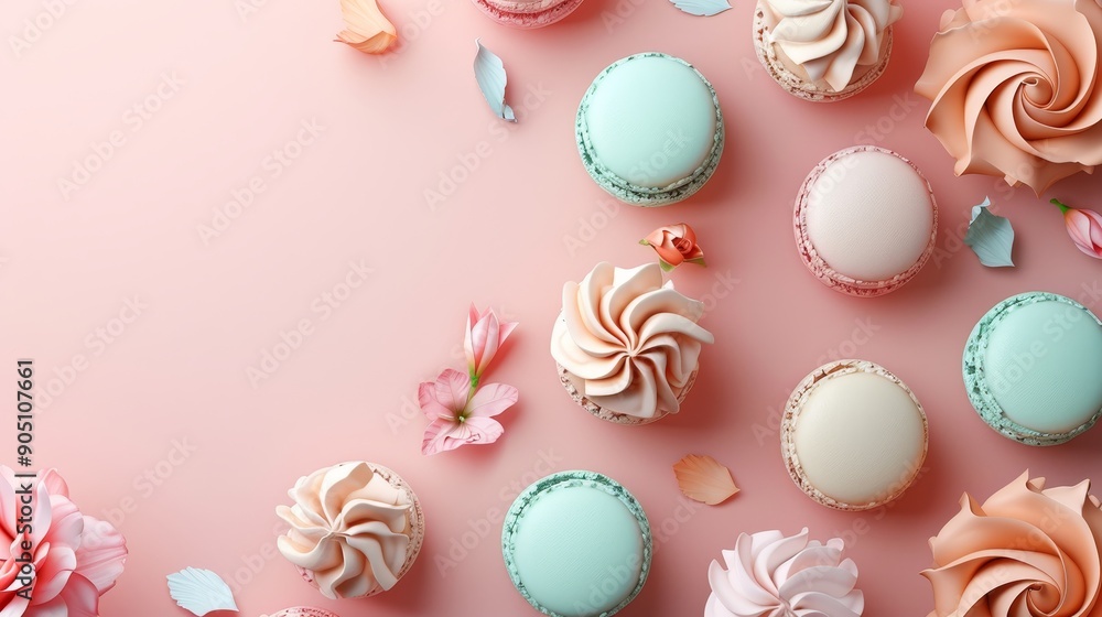 Pastel-colored macarons and swirls of meringue on a pink background. A delicate and sweet composition. Pastel-colored macarons and swirls of meringue on a pink background. A delicate and sweet composition.