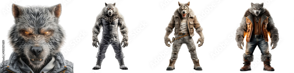Four different wolf characters are shown in a row, each with a different outfit Four different wolf characters are shown in a row, each with a different outfit