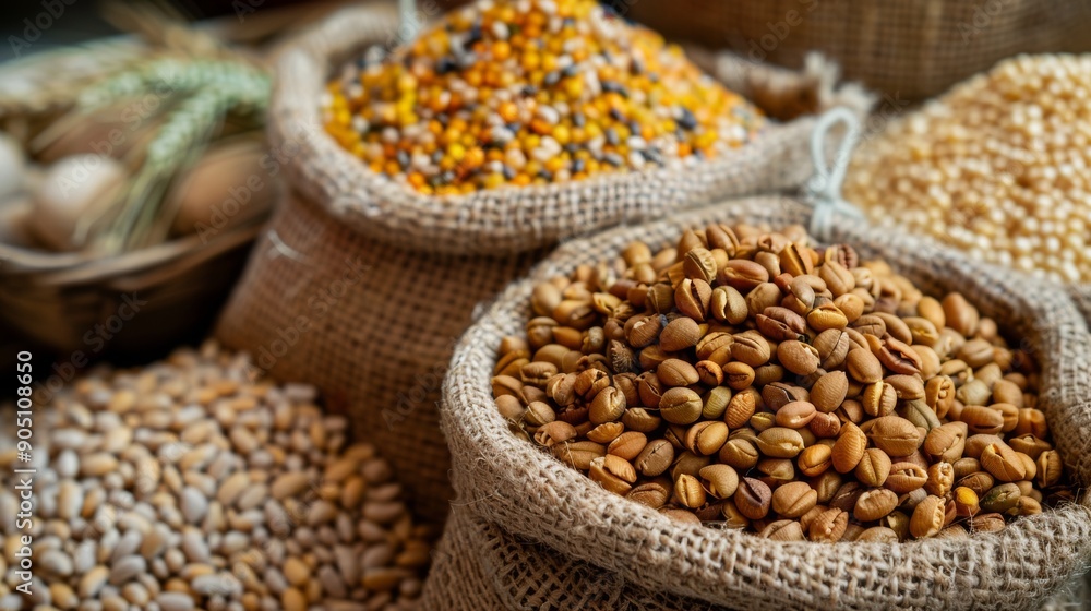 Burlap sacks filled with assorted grains and legumes Burlap sacks filled with assorted grains and legumes