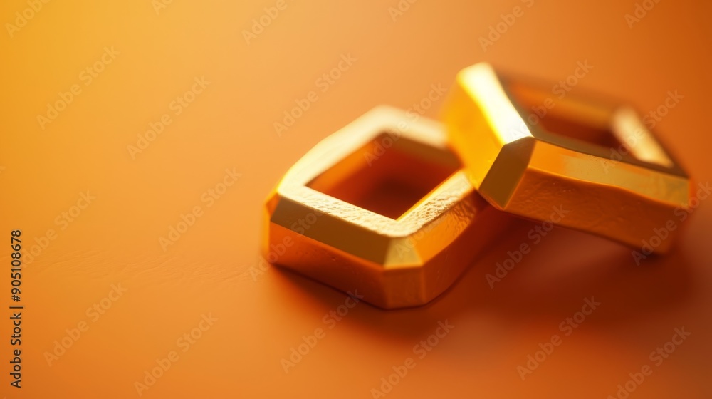 Two gold square rings on a warm orange background. Two gold square rings on a warm orange background.