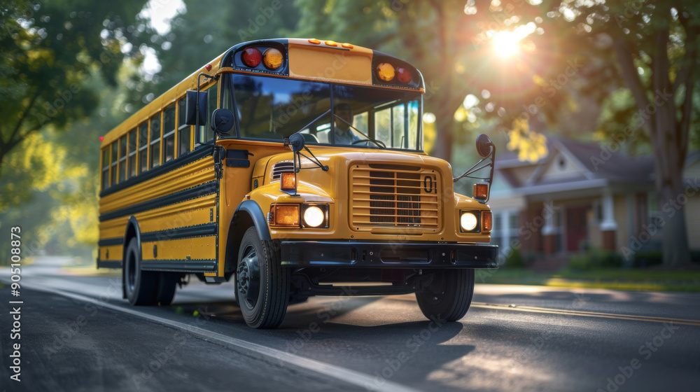 A classic yellow school bus driving down a suburban street on a sunny day, symbolizing education and transportation. A classic yellow school bus driving down a suburban street on a sunny day, symbolizing education and transportation.