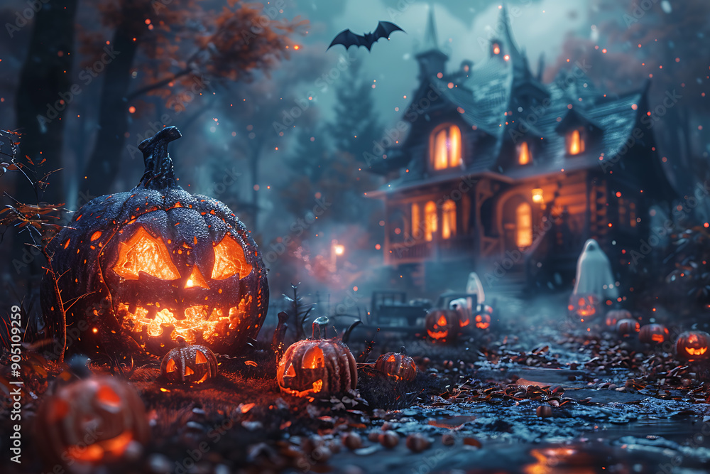 A Halloween-themed design featuring spooky elements such as ghosts, bats, and a haunted house. Perfect for promotional materials, party invitations, or social media posts.
