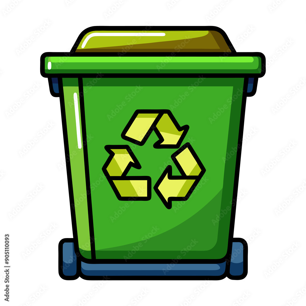 A green recycling bin with a lid a recycling symbol with yellow accents. A green recycling bin with a lid a recycling symbol with yellow accents.