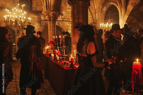 Gothic-themed party in an old castle. Halloween party. photo