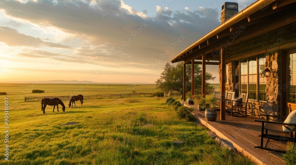 Obraz premium Rustic Ranch House with Golden Sunset