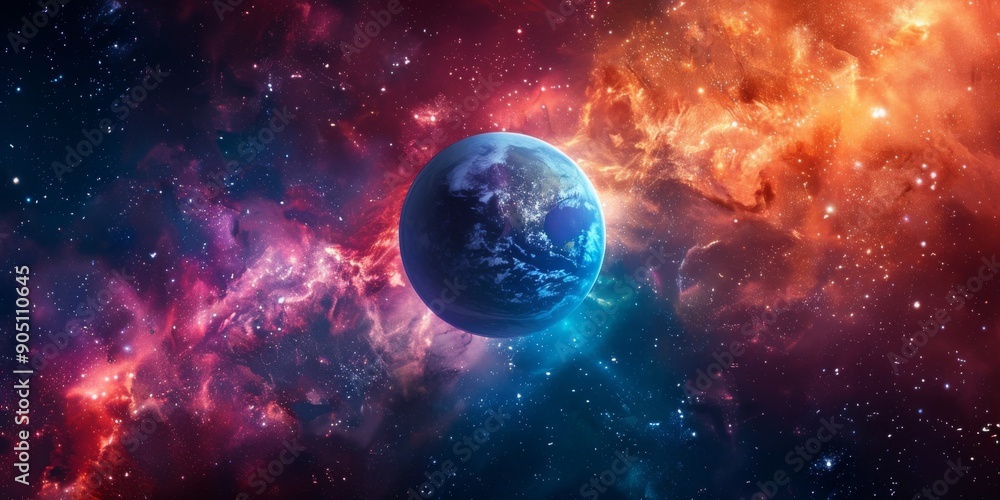 Obraz premium Colorful Cosmic Background with a Central Blue Planet, Symbolizing the Wonders of Space Exploration and Celestial Beauty