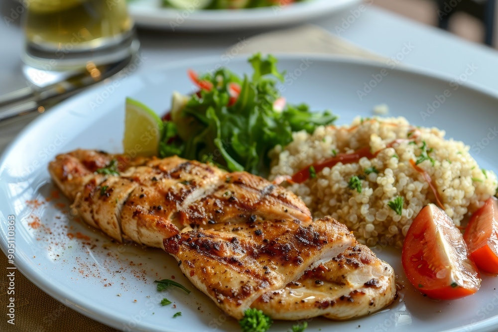 Cooked grilled chicken served with rice and assorted vegetables on a white plate, Illustrate a plate of grilled chicken and quinoa Cooked grilled chicken served with rice and assorted vegetables on a white plate, Illustrate a plate of grilled chicken and quinoa