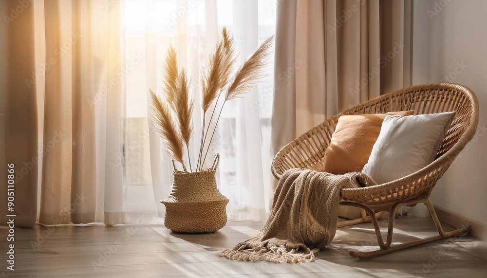 Minimalist Living Room Inspiration: Cozy Sunlit Armchair, Woven Basket, and Light Curtains