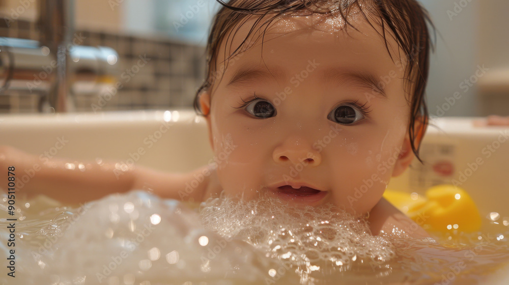 Adorable baby with wet hair playing in a bathtub filled with bubbles, looking curiously at the camera. Adorable baby with wet hair playing in a bathtub filled with bubbles, looking curiously at the camera.