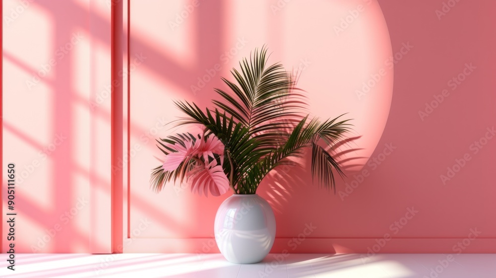 Pink Wall with Tropical Plant in White Vase Pink Wall with Tropical Plant in White Vase