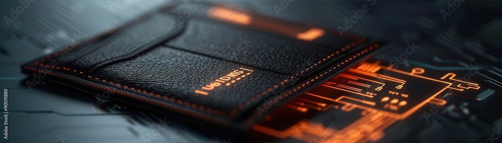 Close-up of a sleek black tech wallet on a futuristic circuit board background with orange accents, representing modern digital finance. Close-up of a sleek black tech wallet on a futuristic circuit board background with orange accents, representing modern digital finance.