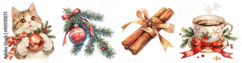 Set of watercolor illustrations with cat, pine branch, bauble, cinnamon stick, coffee cup. Isolated on transparent background. Xmas and winter holiday concept. Clipart for greeting card, sticker.