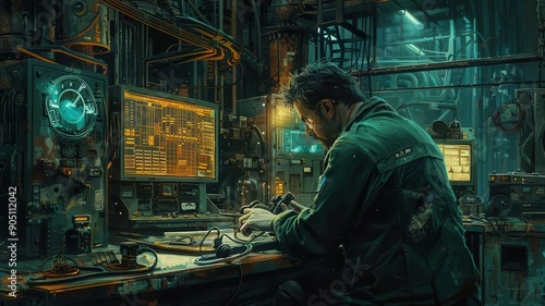 A worker in a decaying factory, attempting to use a futuristic repair device, photorealistic, moody lighting, digital painting