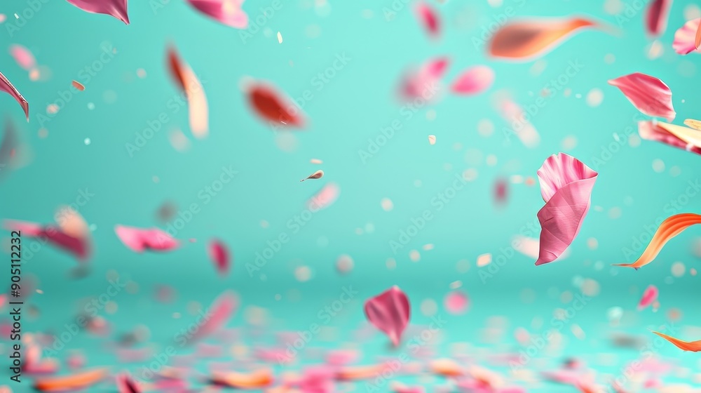 Pink and peach petals falling against a turquoise background, creating a soft and whimsical scene. Pink and peach petals falling against a turquoise background, creating a soft and whimsical scene.