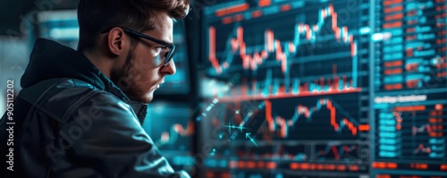 A young man in a dark room, analyzing a broken stock market chart on a futuristic holographic screen, cyberpunk, neon accents, digital painting