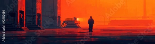 An abandoned factory floor, a lone worker with a futuristic tool, photorealistic, moody lighting, digital painting photo