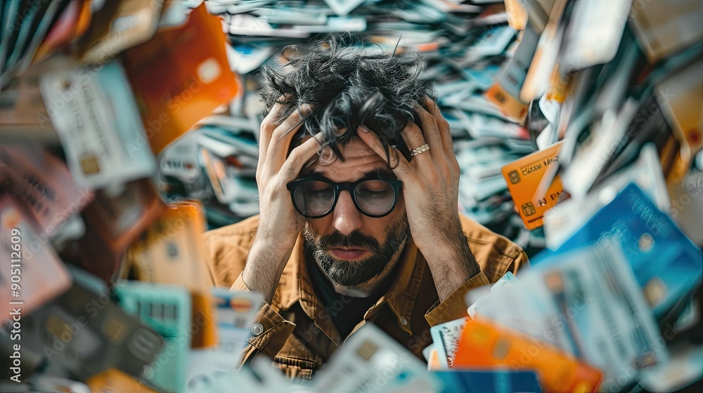Frustrated Man Surrounded by Credit Cards, Overwhelmed by Financial Stress and Debt Management Challenges Frustrated Man Surrounded by Credit Cards, Overwhelmed by Financial Stress and Debt Management Challenges