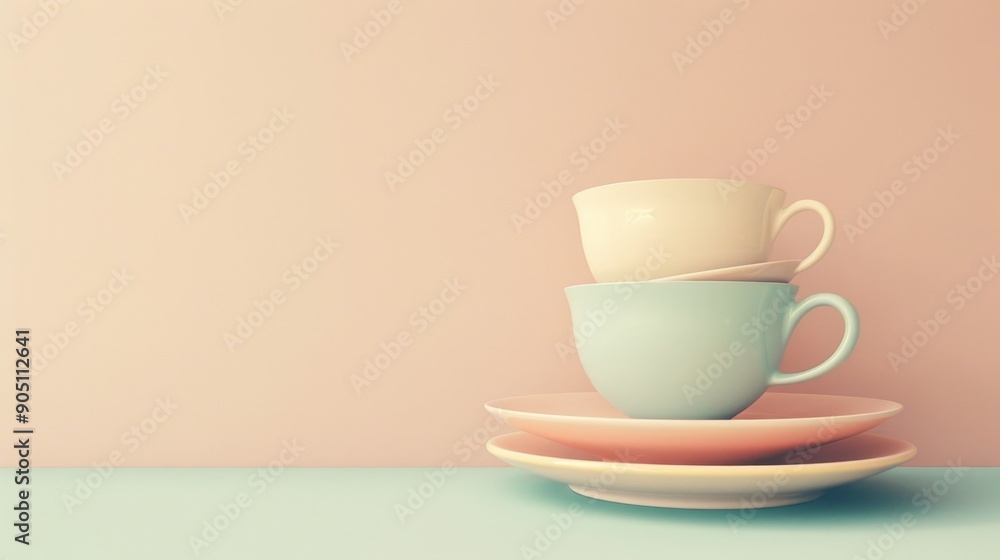 Two pastel-colored teacups stacked on a saucer against a soft pink background. Two pastel-colored teacups stacked on a saucer against a soft pink background.