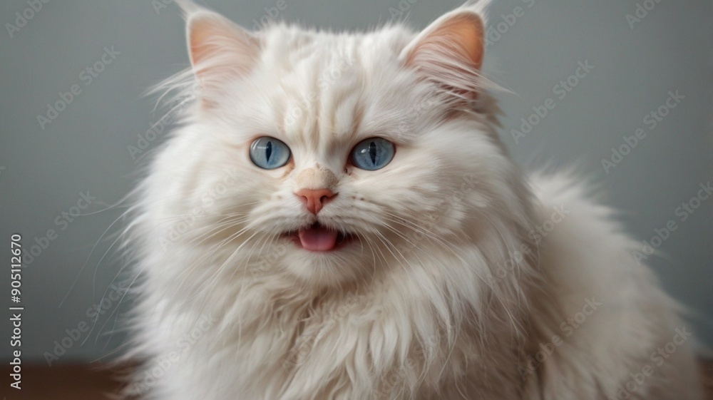 Model cat with a long, bright fluffy white fur and pink long ears, with its tongue can be seen looks like teasing Model cat with a long, bright fluffy white fur and pink long ears, with its tongue can be seen looks like teasing