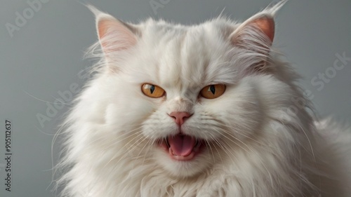 Model cat with a long, bright fluffy white fur and pink long ears, yellow eyes, looks like annoyed and yelling