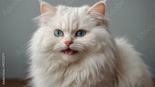 Model cat with a long, bright fluffy white fur and pink long ears, with its tongue can be seen looks like teasing