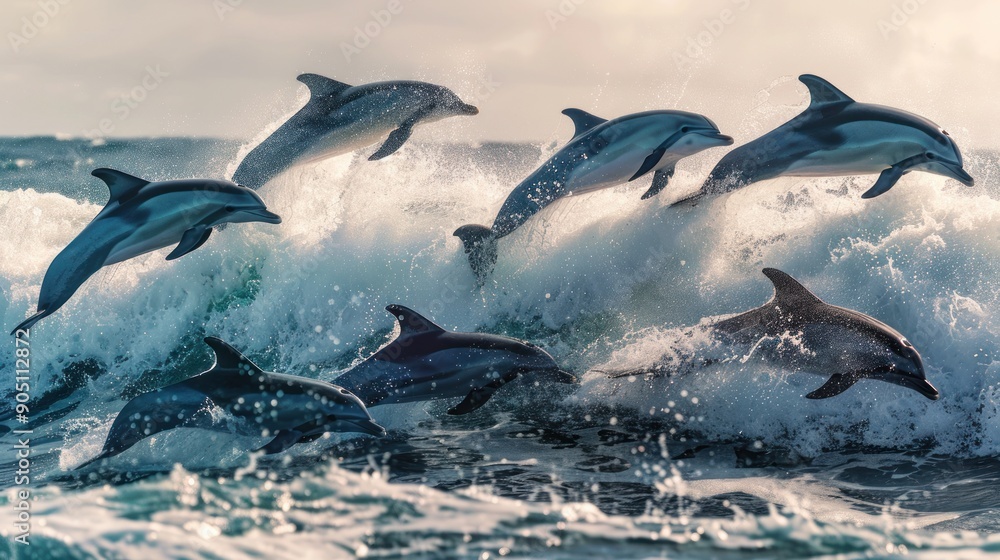Naklejka premium A Pod of Dolphins Leaping Through Waves