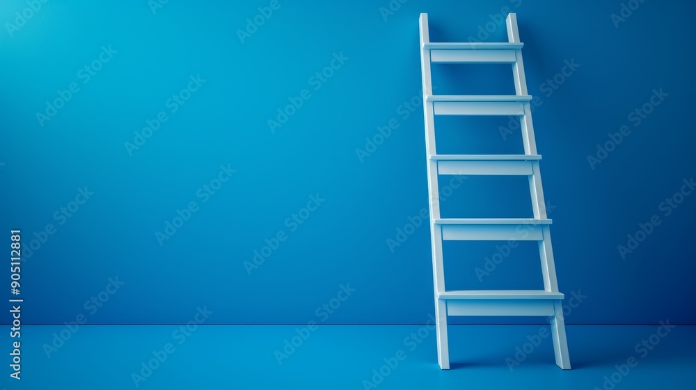 White wooden ladder against a bright blue wall. Minimalist, modern design. Concept of growth and success. White wooden ladder against a bright blue wall. Minimalist, modern design. Concept of growth and success.