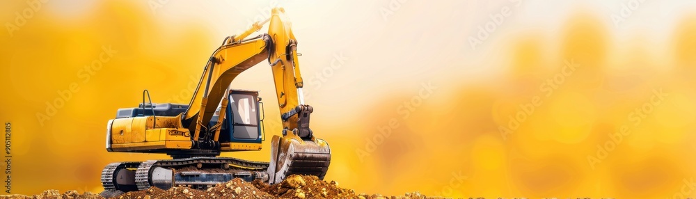 A powerful yellow excavator working on a construction site, showcasing heavy machinery in action amid a vibrant autumn backdrop. A powerful yellow excavator working on a construction site, showcasing heavy machinery in action amid a vibrant autumn backdrop.