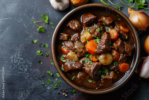 Delicious beef bourguignon stew with wine, carrots and onion garnished with parsley. Delicious ragout.