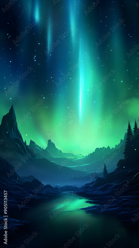 Obraz premium Digital blue and green aurora mountains abstract graphic poster background