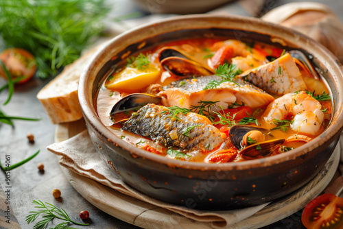 French seafood bouillabaisse soup with mussels, prawns, octopus and fish.