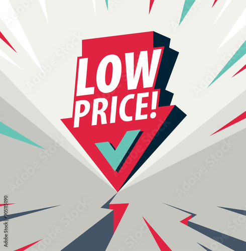 Low price concept poster, arrow down with coin stack vector icon style illustration, e-commerce sale, cheap prices shopping, buy by discount.