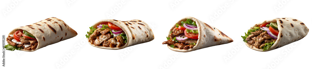 Ser of Delicious Greek gyros wrapped in pita bread. Shawarma, grilled pita. With fresh meat and vegetables Transparent Png
Ser of Delicious Greek gyros wrapped in pita bread. Shawarma, grilled pita. With fresh meat and vegetables Transparent Png