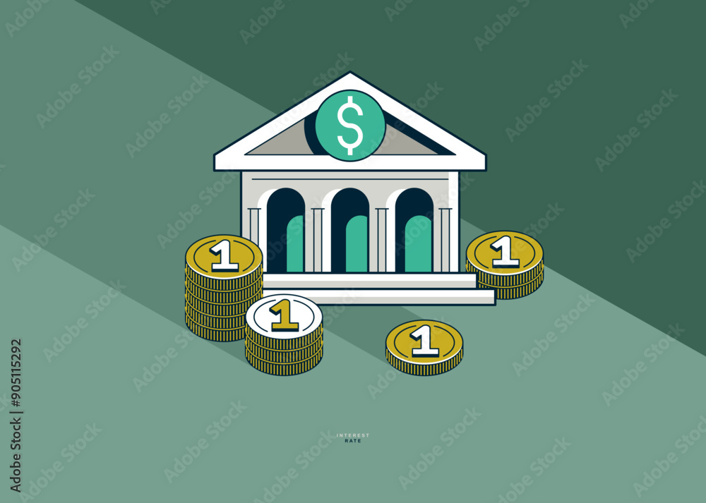 Interest rate concept poster, vector icon style illustration of a bank ...