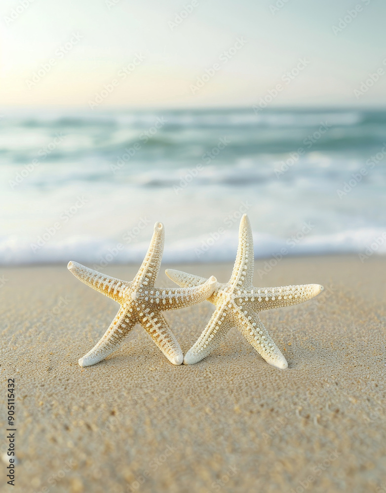 Two White Starfish on Sandy Beach Two White Starfish on Sandy Beach