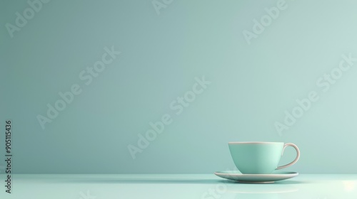 A single blue teacup and saucer against a light blue background.