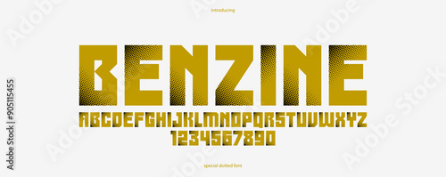 Halftone dotted futuristic cyberpunk font for logos and posters, vector brutal industrial typeface alphabet letters and numbers, urban technic future typography.