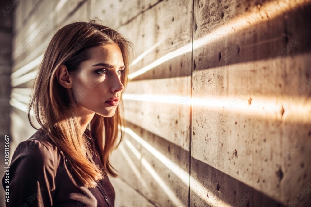 Fototapeta premium A beautiful minimalistic portrait of a stylish woman against a concrete wall with contrasting lighting. Banner, advertisement.