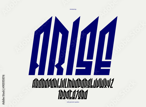 Sharp and bold italic and tall vector display font for logo, condensed gothic or heavy metal style modern typeface, edgy hard rock letters and numbers alphabet for titles or slogans.